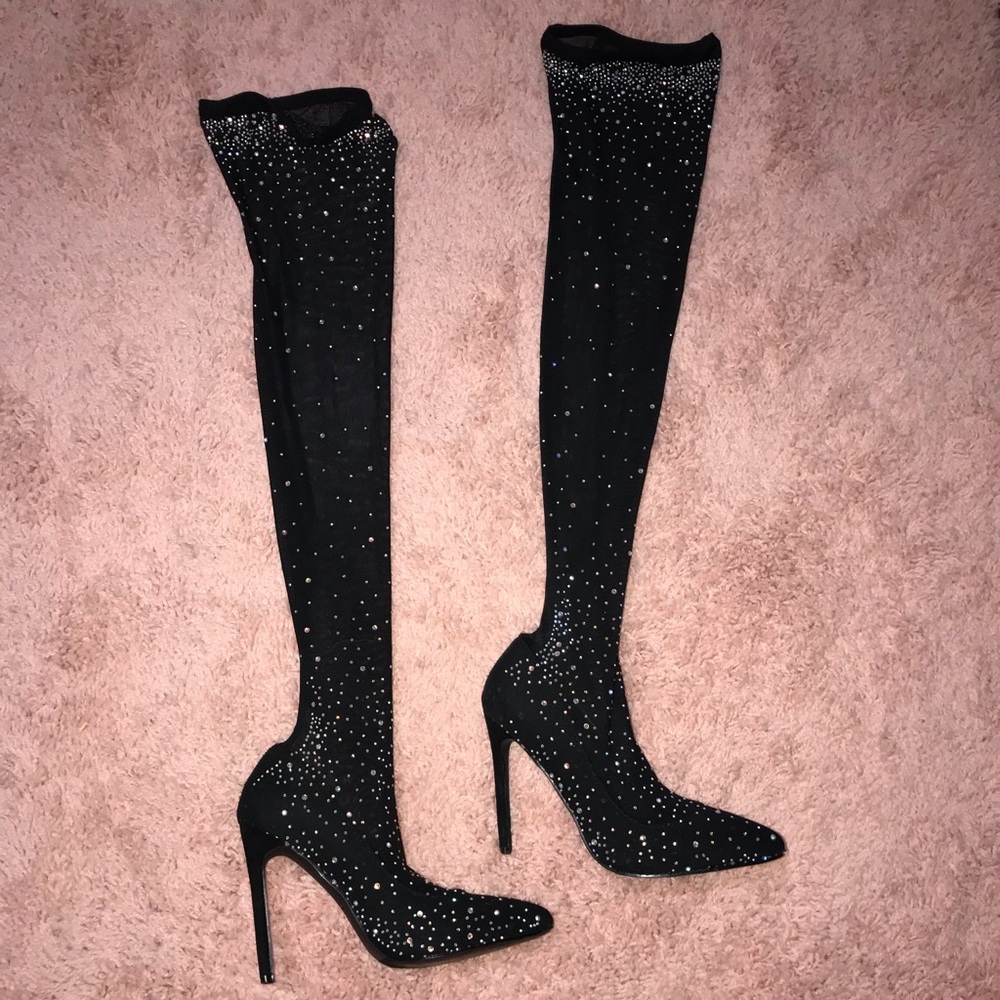 uRock couture rhinestone thigh high sock boots.